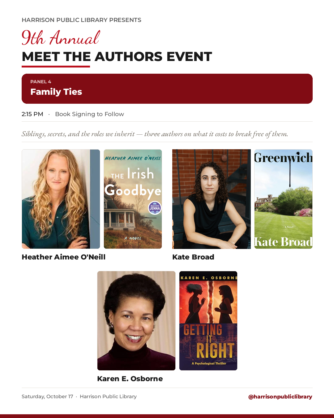 Meet the Authors Family Ties panel at Harrison Public Library on October 17, featuring Heather Aimee O’Neill, Kate Broad, and Karen E. Osborne